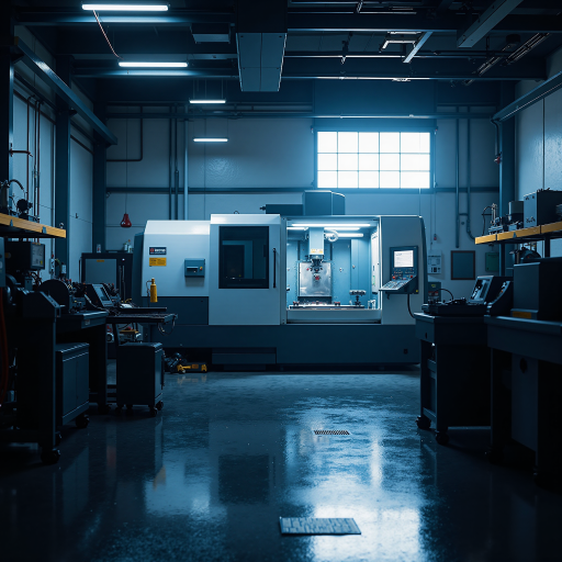 机械加工厂车间内部,数控机床正在运行,工人操作设备,现代化工业环境