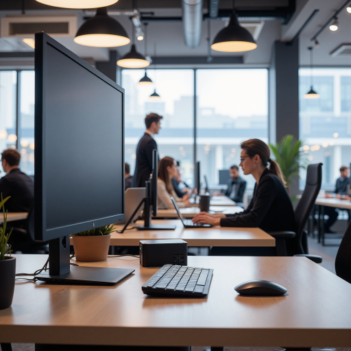 国际贸易公司办公室,员工正在电脑前工作,现代化办公环境,商务氛围